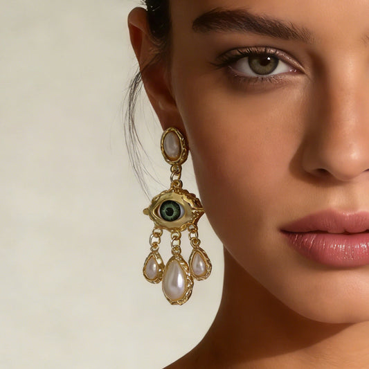 Stunning Vintage Devil's Eye Earrings with Rhinestone and Faux Pearl Accents - Exquisite Court-Style Tassel Design for Elegant Fashion
