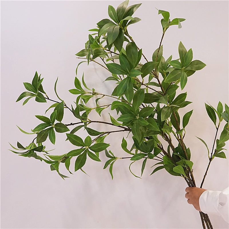 Realistic Mahogany Wood Faux Green Plant Leaves for Scenic Decoration – Perfect for Photography Props, Home Décor, and Japanese Bellflower Aesthetics