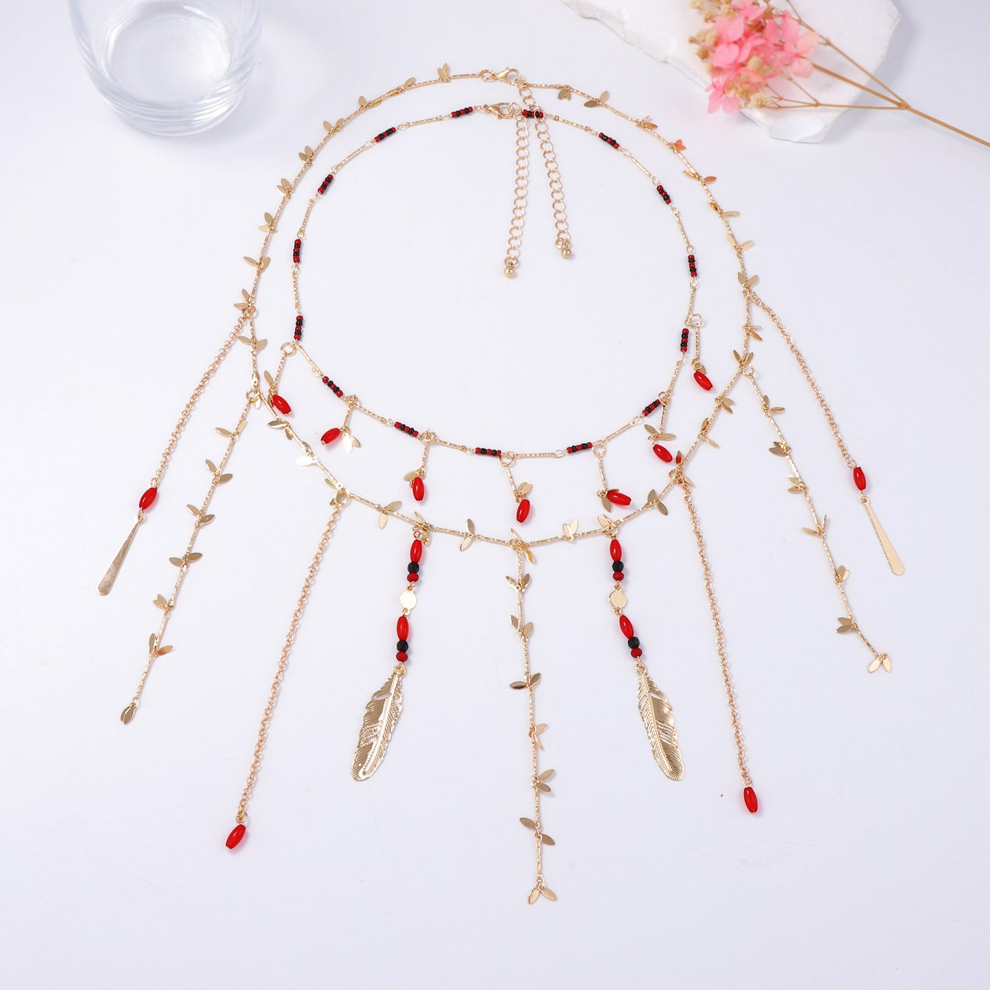 Elegant Layered Double-Strand Chain Necklace with Metal Leaf and Beaded Tassel Pendant - Perfect for Chic Women’s Fashion