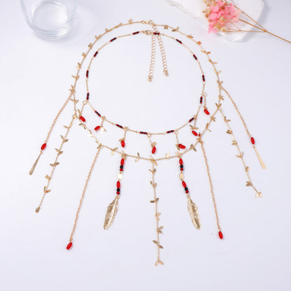 Elegant Layered Double-Strand Chain Necklace with Metal Leaf and Beaded Tassel Pendant - Perfect for Chic Women’s Fashion