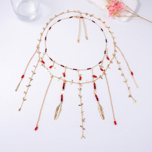 Elegant Layered Double-Strand Chain Necklace with Metal Leaf and Beaded Tassel Pendant - Perfect for Chic Women’s Fashion