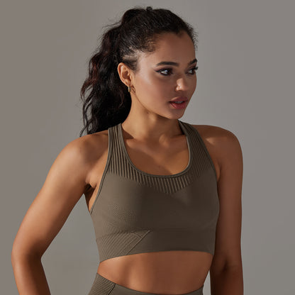 Seamless Jacquard Knit Yoga Top with Racerback Women's Breathable Shockproof Sports Bra for Fitness Comfort