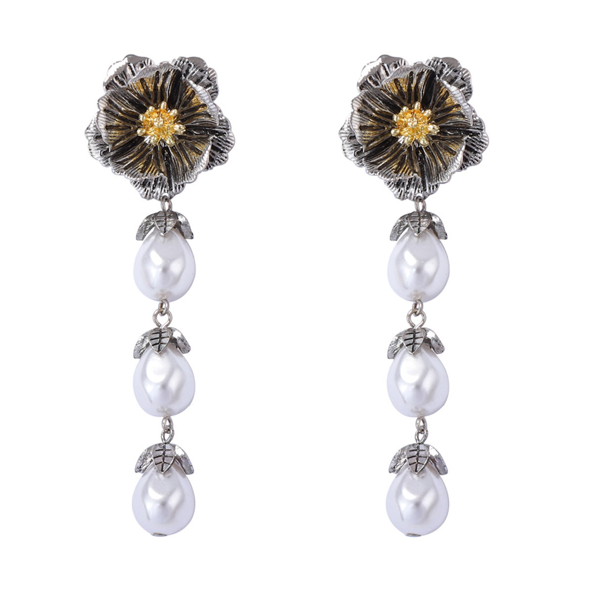 Elegant Bohemian Vintage-Inspired Metal Flower Drop Earrings with Faux Pearls and Chic Tassels for Women