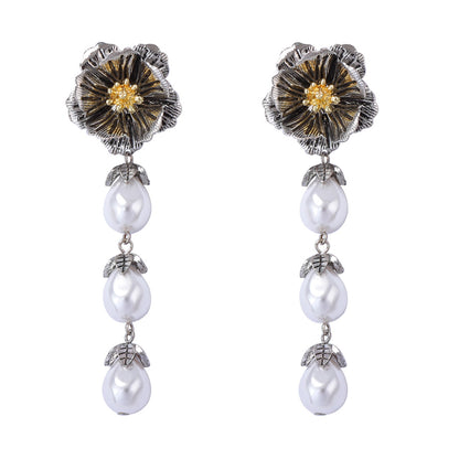 Elegant Bohemian Vintage-Inspired Metal Flower Drop Earrings with Faux Pearls and Chic Tassels for Women
