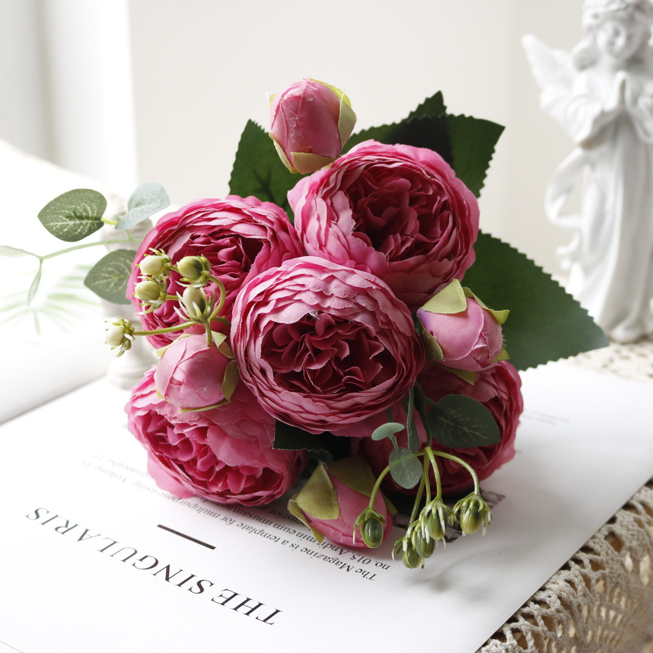 Stunning 5-Head Mini Peony & Persian Rose Bouquet – Realistic Home Decor & Wedding Flowers for Lasting Beauty