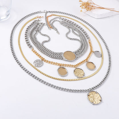 Chic Personalized Luxury Multi-Layer Alloy Chain Necklace with Geometric Badge and Coin Pendant - Modern Statement Jewelry for Unique Style