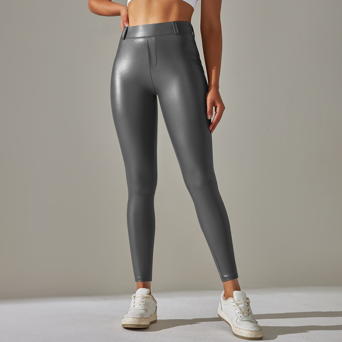 High Elastic PU Leather Leggings for Women Solid Color Glossy Finish Soft Fleece Lined Pocketed Fitness Pants for Running and Yoga