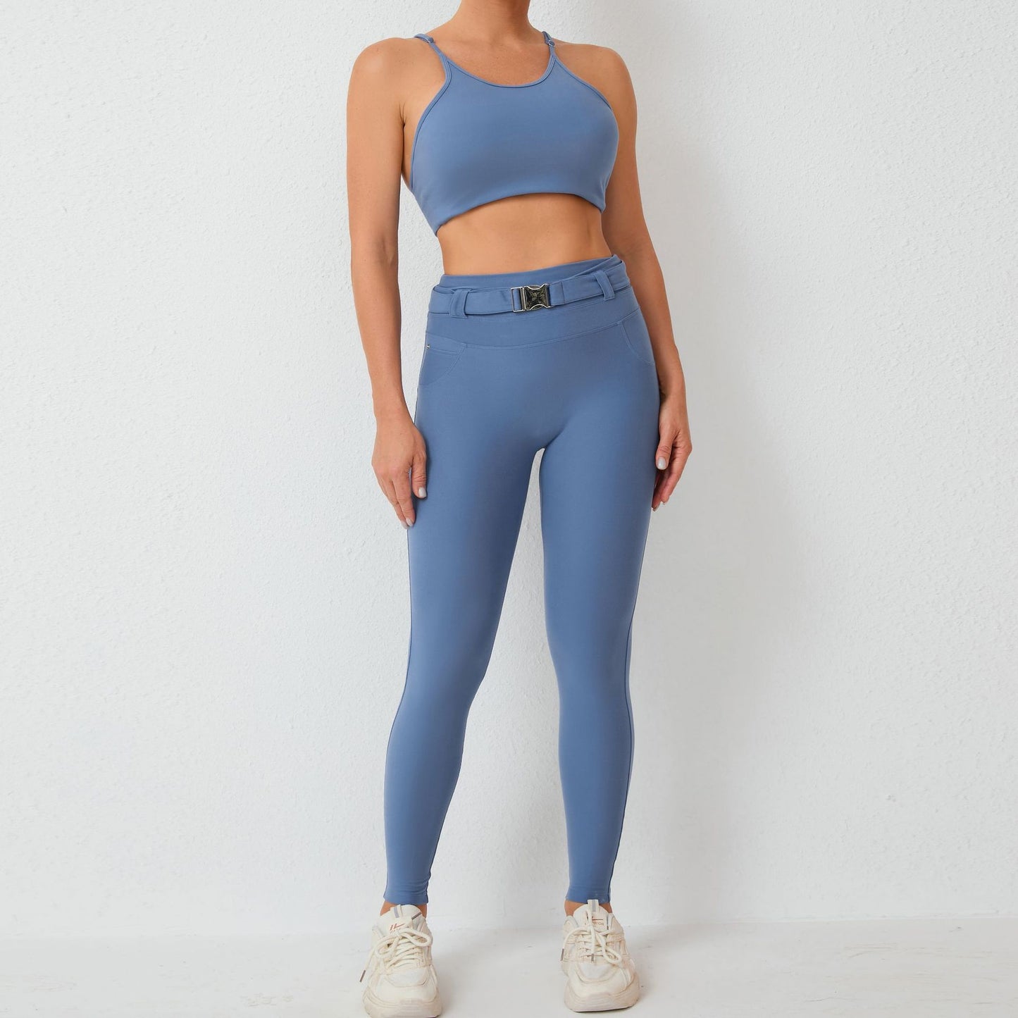 Adjustable Waist Denim Look Pocket Leggings and Sports Bra Set for Yoga Gym and Everyday Wear with Included Belt