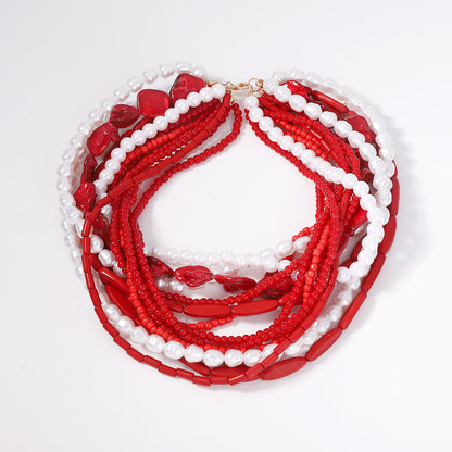 Gothic-Inspired Handmade Beaded Baroque Faux Pearl Multi-Layered Statement Necklace for Beach Fashion
