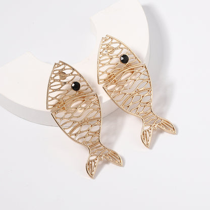 Stylish Double Layer Alloy Hollow Animal Fish Earrings - Trendy Vacation-Inspired Jewelry for a Unique Statement Look