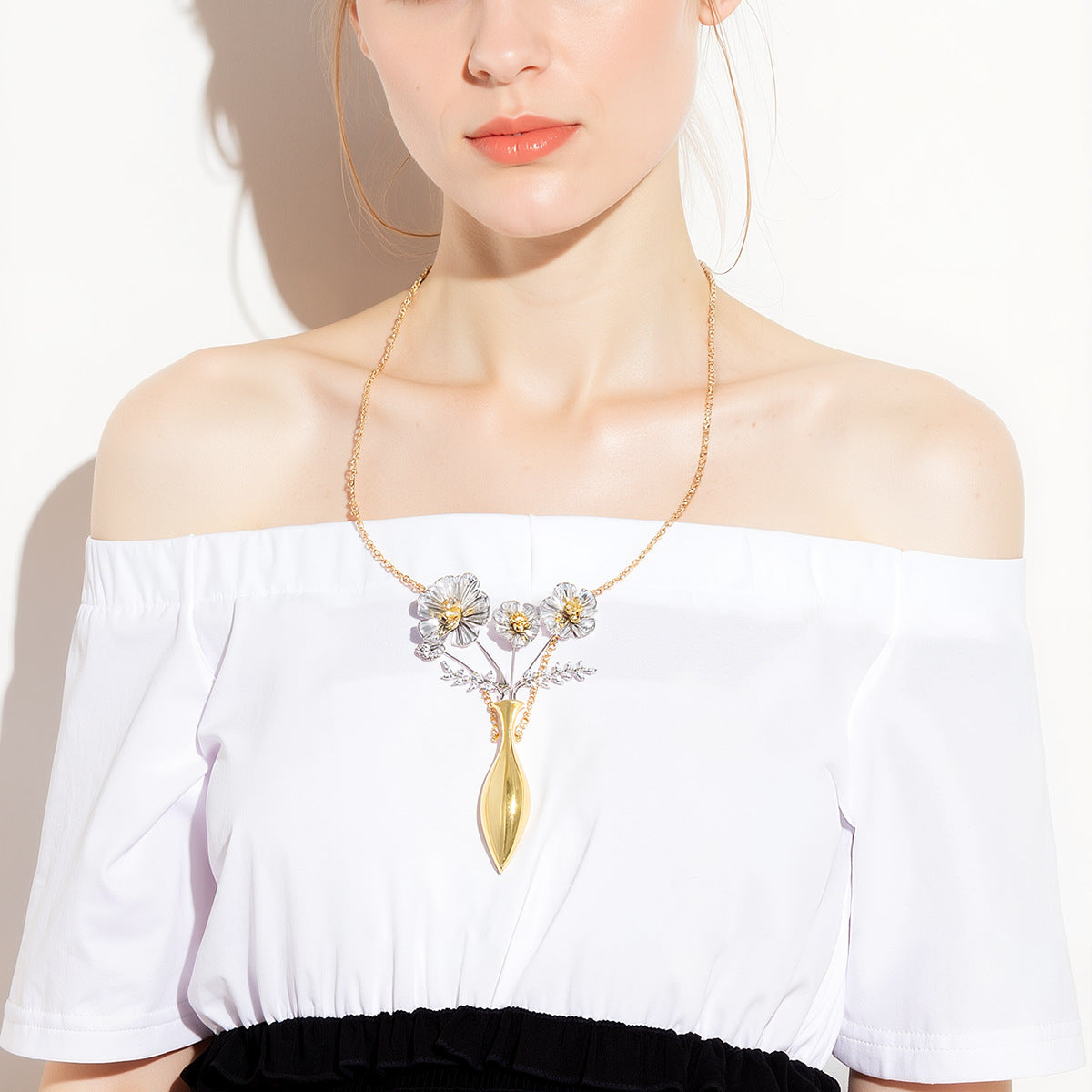 Chic Minimalist Gold Alloy Flower Necklace, Brooch, and Earring Set - Exquisite Cold Aesthetic Jewelry for Elegant Styles