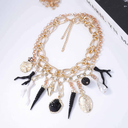 Stylish Ocean-Inspired Double-Layered Turtle and Coral Necklace with Faux Pearl Accents – Perfect for Casual Vacations and Beach Getaways!