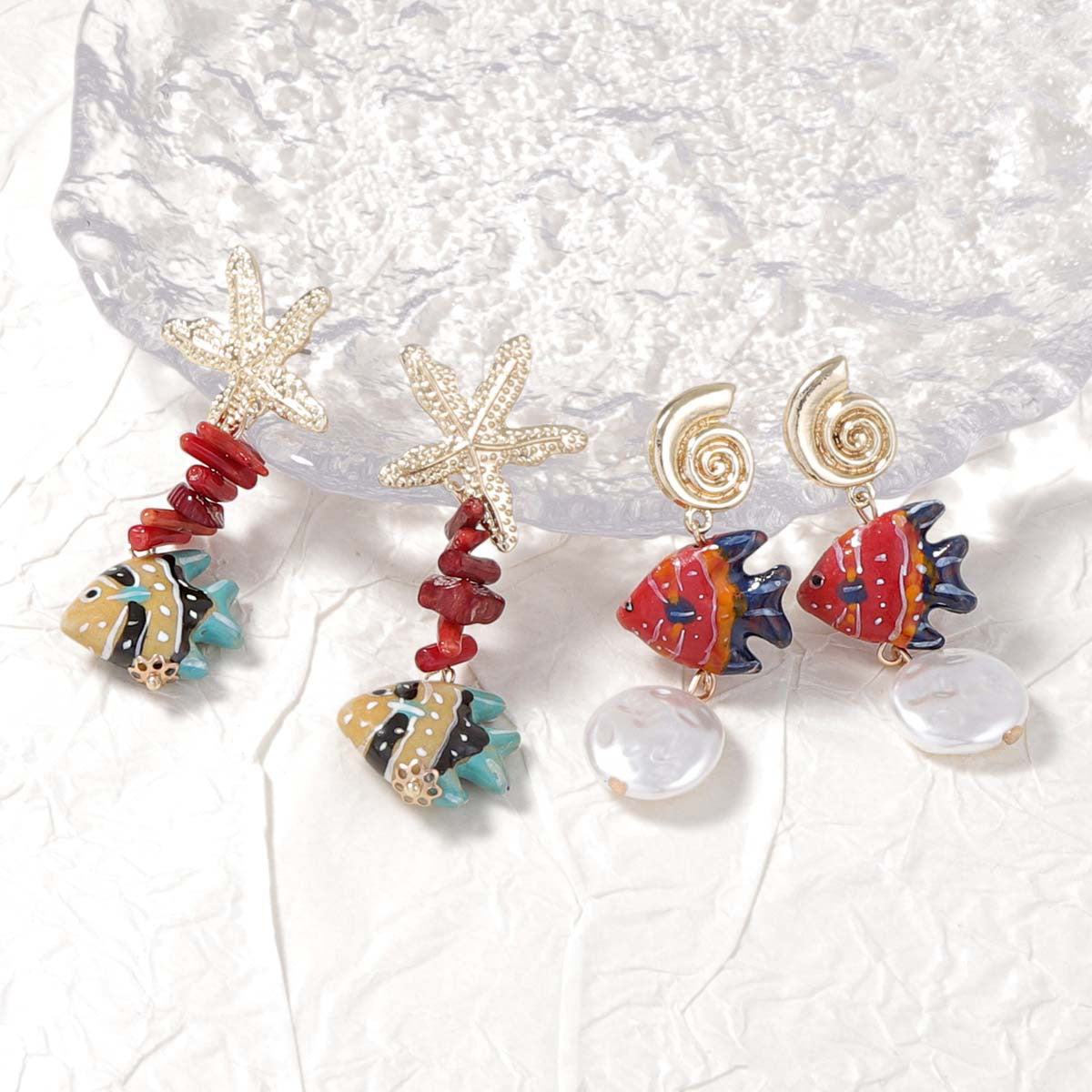 Stylish Summer Ocean-Inspired Alloy Starfish and Seashell Long Earrings with Colorful Fish - Trendy Unique Jewelry for Women