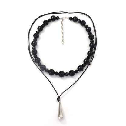 Trendy Geometric Beaded Layered Leather Necklace with CCB Water Drop Pendant - Stylish Casual Jewelry for Women