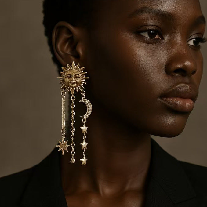 Bold and Unique Sun, Moon, and Star Tassel Earrings | Creative Geometric Universe Planet Jewelry for Women