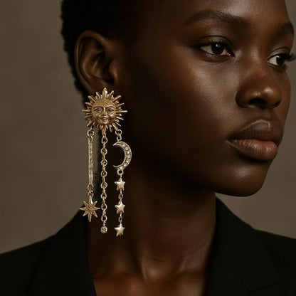 Bold and Unique Sun, Moon, and Star Tassel Earrings | Creative Geometric Universe Planet Jewelry for Women