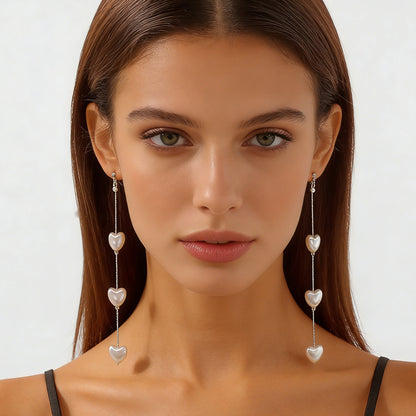 Elegant French-Style Long Pearl Heart Drop Earrings for Women - Chic and Unique Statement Piece Perfect for Parties and Special Occasions
