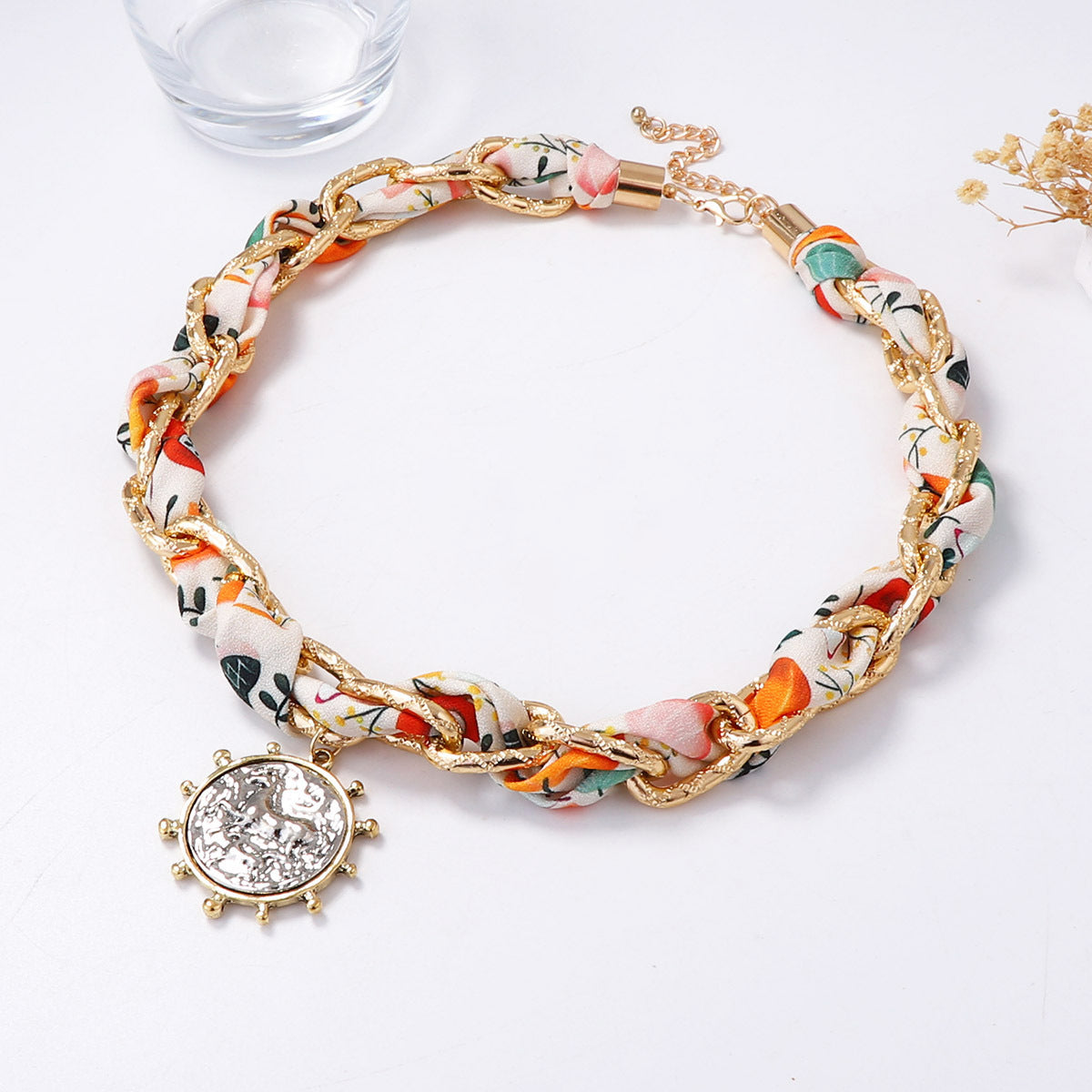 Trendy Personalized Silk Ribbon Chain Interwoven Sweet and Cool Alloy Badge Pendant Necklace - Affordable Luxury for Unique Style Lovers
