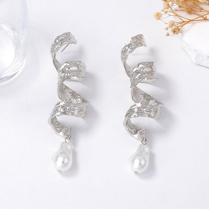 Vintage Baroque Alloy Geometric Twisted Spiral Ribbon Luxe Showstopper Faux Pearl Earrings - Elegant Statement Jewelry for any Occasion
