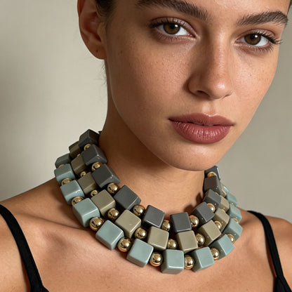 Stylish Handmade Multilayer Geometric Colorful Square Beaded Bohemian Necklace for Women – Unique, Versatile Accessory for Any Occasion