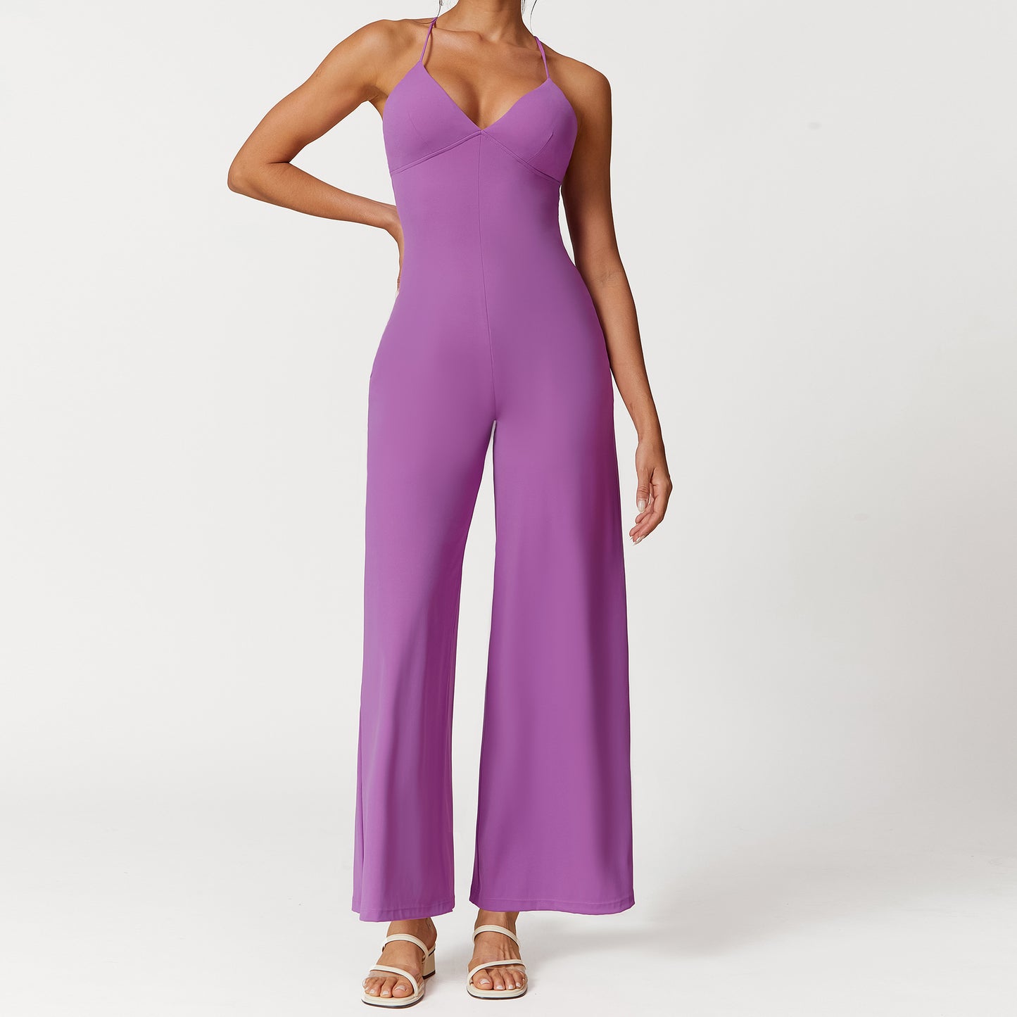 Chic Backless V Neck Jumpsuit with Adjustable Straps Solid Color Yoga Pants for Comfort and Flexibility