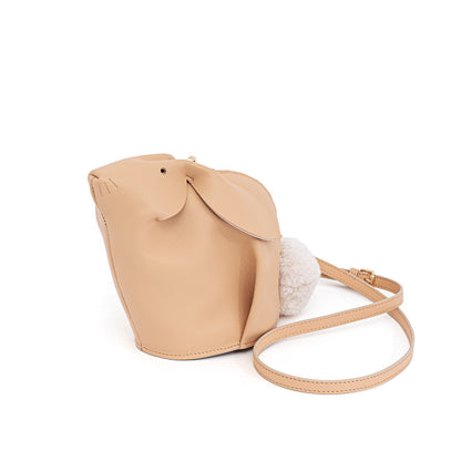 Charming Genuine Leather Rabbit Crossbody Bag for Women Cute Soft Sheepskin with Furry PomPom for Style