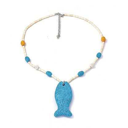 Stylish Summer Beach-Inspired 3D Volcanic Stone Starfish and Fish Beaded Necklace for Women – Perfect Accessory for Vacations