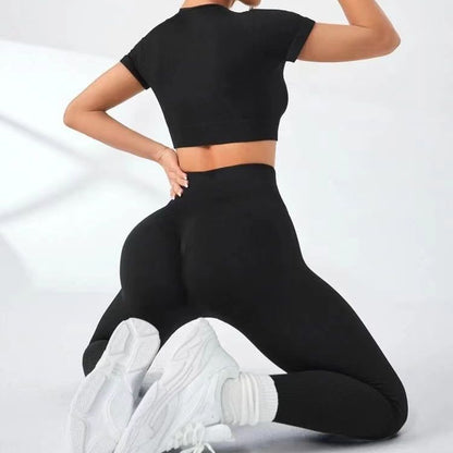 High Waisted Butt Lifting Control Pants and Short Sleeve Fitness Top Complete Yoga Set for Flattering Fit and Enhanced Performance