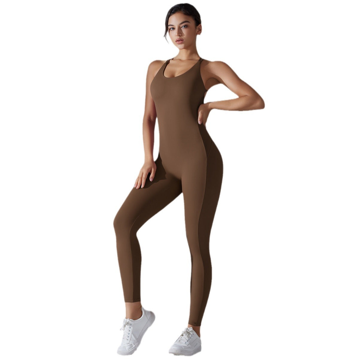 Peach Butt Enhancing Yoga Bodysuit with Cross Back Straps Quick Dry Form Fitting All in One Running Outfit for Comfort and Support