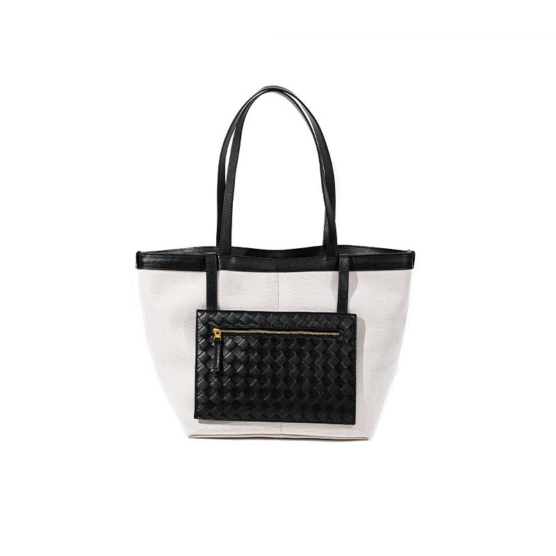 Chic Color Blocked Canvas Tote Bag Spacious Woven Shoulder Bag for Commuters Featuring Leather Accents for Women