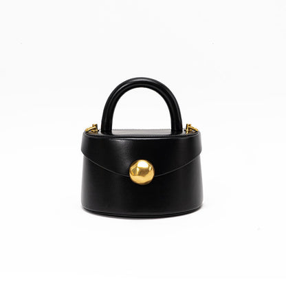 Luxury Genuine Leather Women's Half Round Box Bucket Bag with Elegant Metallic Handle Minimalist 3D Crossbody Purse for Chic Style