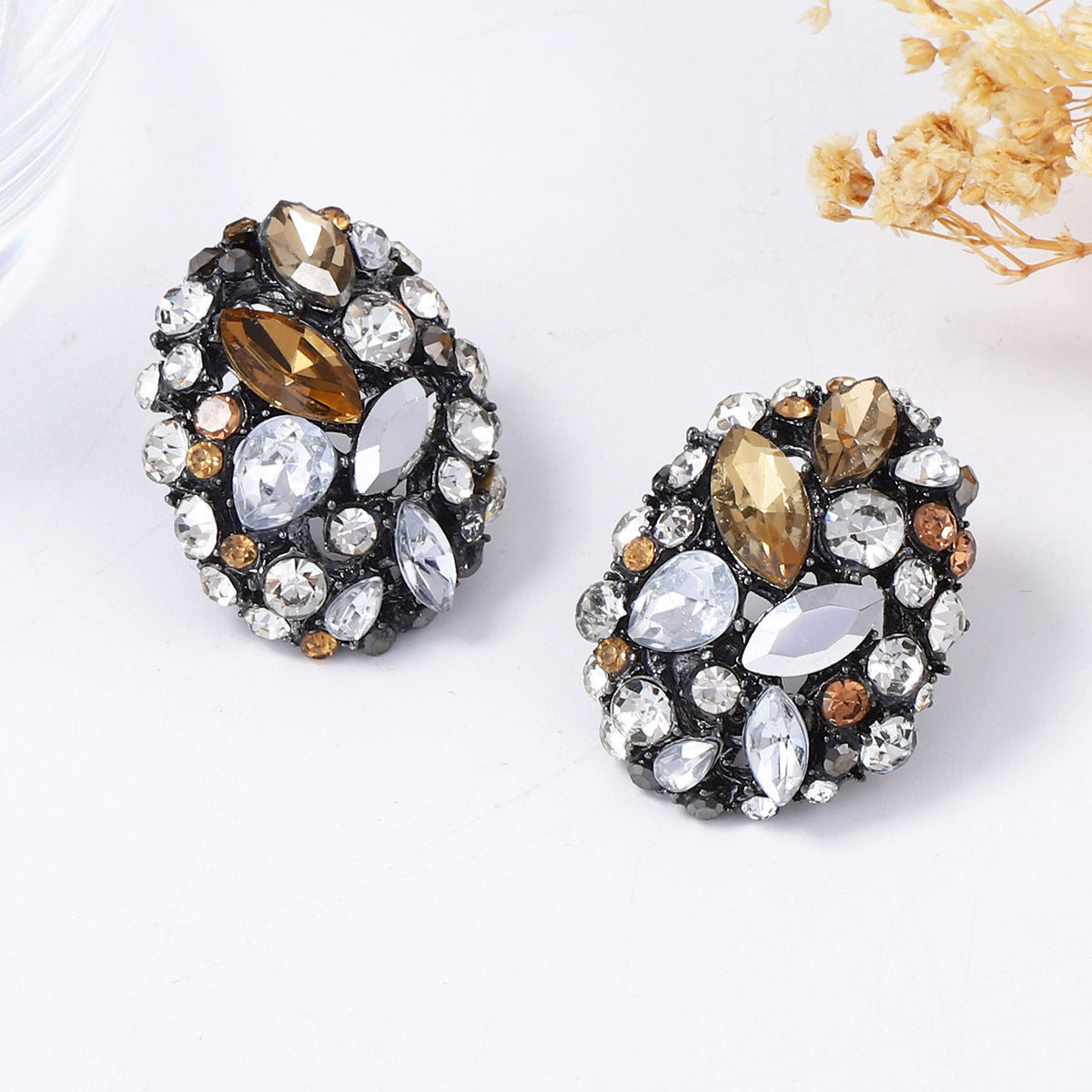 Elegant High-End Alloy Geometric Oval Earrings with Colorful Zircon Stones – Versatile Chic Accessory for Women