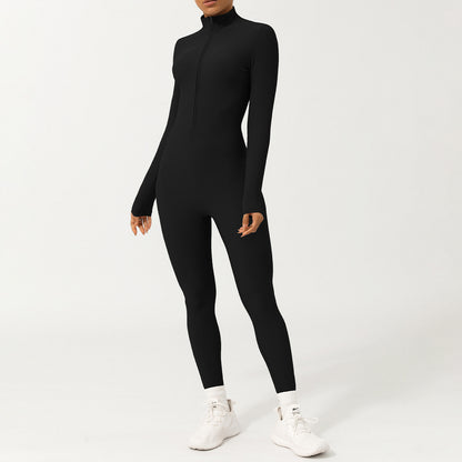 Zip Front Ribbed Long Sleeve Yoga Bodysuit High Neck Slim Fit Athletic One Piece for and Performance