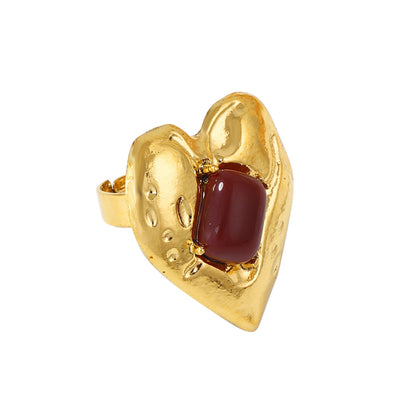 Vintage-Inspired Heart-Shaped Open Design Ring with Genuine Red Ruby Inlay - Timeless Alloy Jewelry for Women