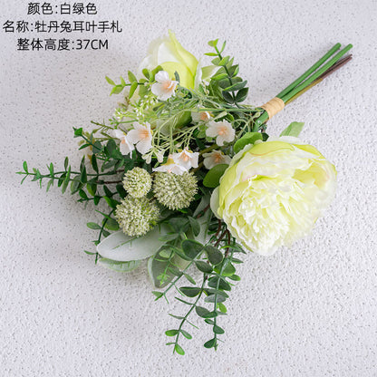 Elegant Peony Rabbit Ear Leaf Faux Flower Bouquet for Home Décor - Perfect for Weddings and Wall Decoration - CF01177