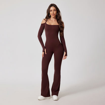 Chic Autumn Winter Jumpsuit with Backless Design Double Shoulder Straps Long Sleeves and Flared Pants for a Look