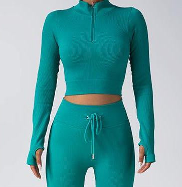 Chic Solid Color Zip Up Long Sleeve Fitness Set with Drawstring High Elastic Slim Fit Yoga Pants for Women for Fashionable Workouts and Daily Wear