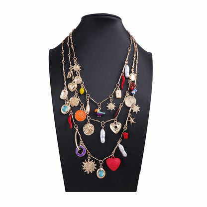 Charming Vintage-Inspired Red Heart and Sunflower Alloy Pendant Necklace - Versatile Layered Design for Unique Personal Style