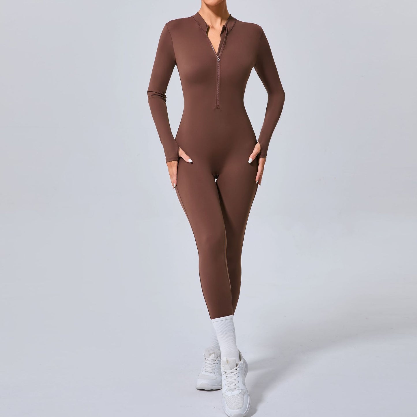 Sleek Half Zip Yoga Bodysuit with Finger Holes Slim Fit No Padding Sportswear for Enhanced Comfort and Flexibility Model 5025