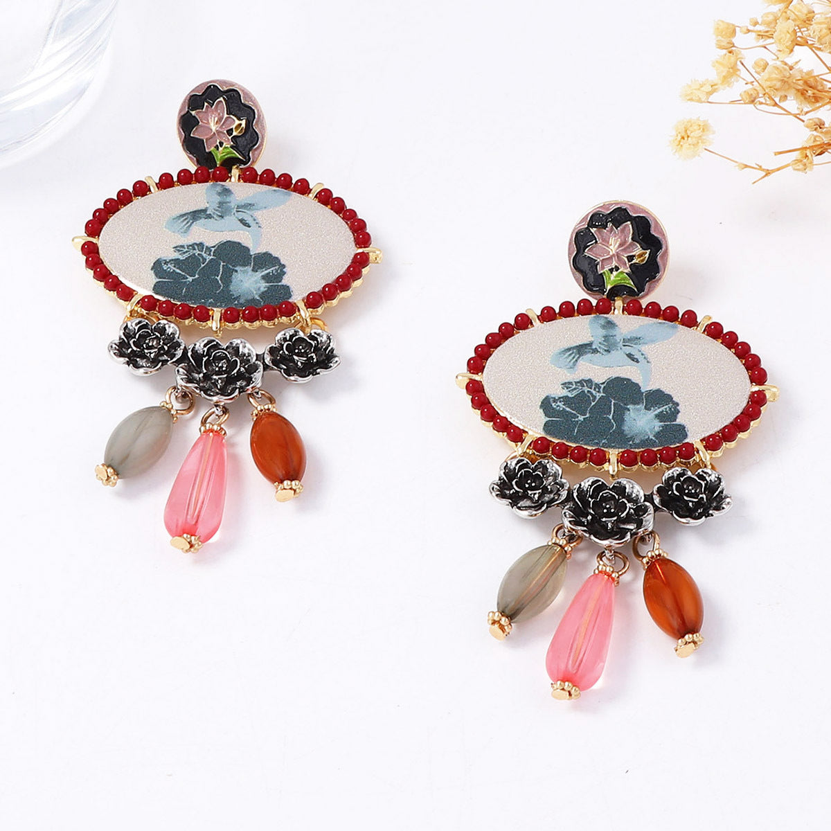 Exaggerated Ethnic Artistry: Chic Composite Gold Resin Bird and Floral Tassel Drop Earrings – Lightweight, Unique Design for Every Occasion