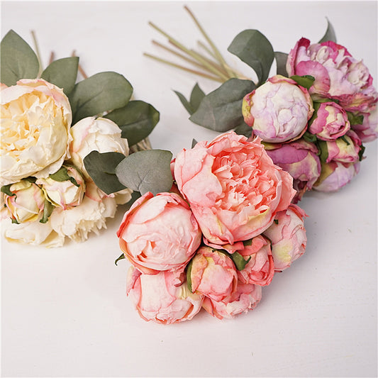 Vintage-Inspired Oil Painting Peony Bouquet - Realistic Artificial Flowers for Bride's Handheld Floral Arrangement, Perfect for Home Décor, Restaurant Displays & Special Occasions