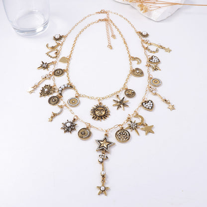 Unique Retro Luxe Gold-Tone Alloy Layered Chain Necklace with Sun, Moon, and Stars Charm for Women – Perfect for Layering, Versatile Fashion Accessory