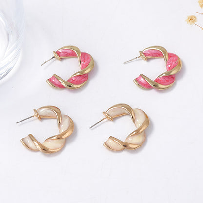 Chic Korean Style Minimalist Fresh & Sweet Geometric C-Shaped Alloy Drip Oil Enamel Twist Earrings for Everyday and Office Wear