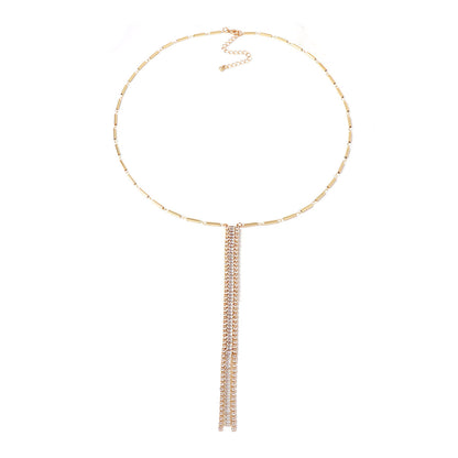 Elegant Minimalist Alloy Long Geometric Pendant Necklace with Zirconia Stones - Chic Sweater Chain for Effortless Style