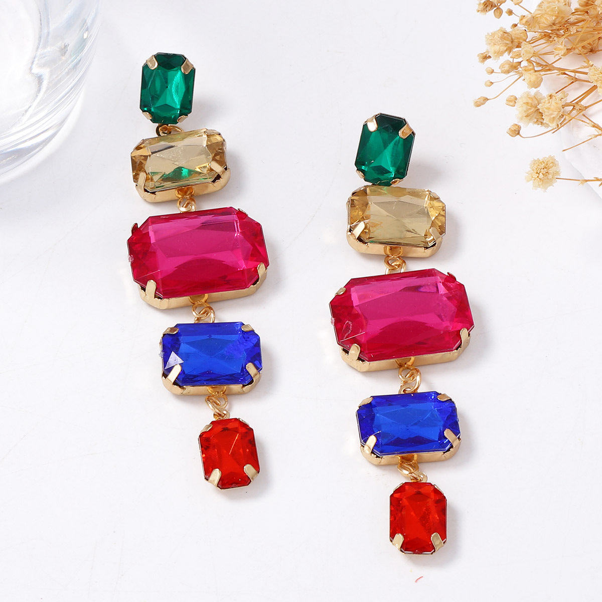 Exquisite and Bold Colorful Geometric Tassel Long Drop Earrings with Sparkling Rhinestones - Elegant Fashion Statement for Women