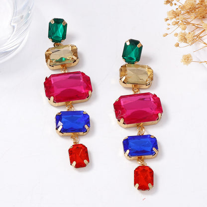 Exquisite and Bold Colorful Geometric Tassel Long Drop Earrings with Sparkling Rhinestones - Elegant Fashion Statement for Women