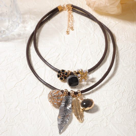 Chic Layered Double-Stranded Alloy Geometric Leaf Pendant Leather Necklace – Vintage Inspired for Fall and Winter Fashion