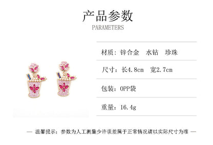 Chic Geometric Design Cold Drink Cocktail Cup Earrings – Alloy with Dazzling Diamonds and Elegant Pearls