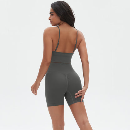 Seamless Yoga Outfit with Adjustable Straps Back Sports Bra and High Waisted Butt Lifting Compression Shorts Two Piece Set for Enhanced Workout Performance