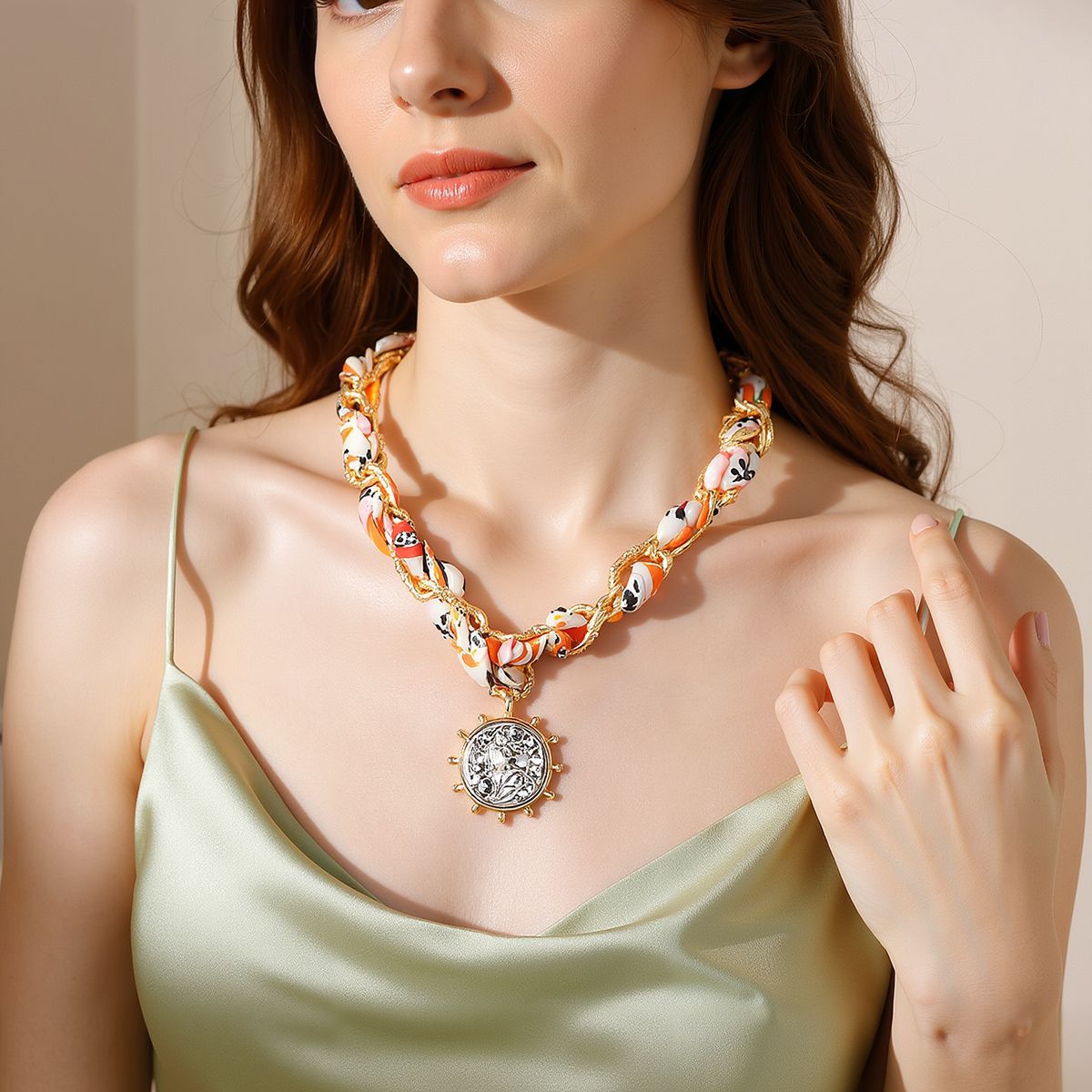 Trendy Personalized Silk Ribbon Chain Interwoven Sweet and Cool Alloy Badge Pendant Necklace - Affordable Luxury for Unique Style Lovers